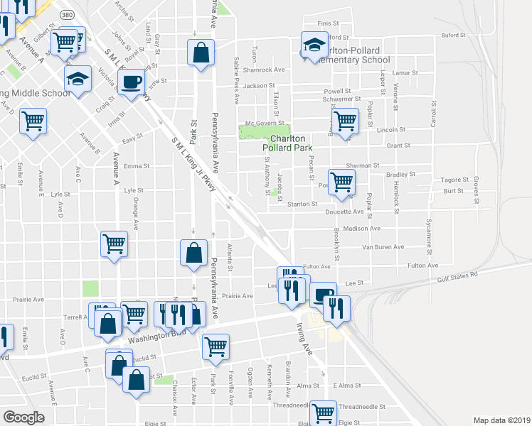 map of restaurants, bars, coffee shops, grocery stores, and more near 475 Doucette Avenue in Beaumont