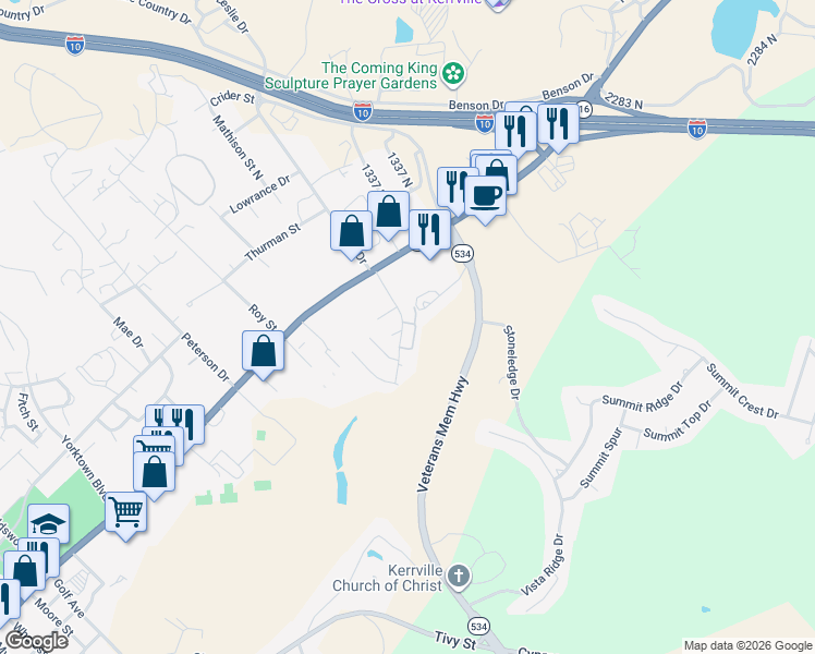 map of restaurants, bars, coffee shops, grocery stores, and more near 810 Lloyd Drive in Kerrville