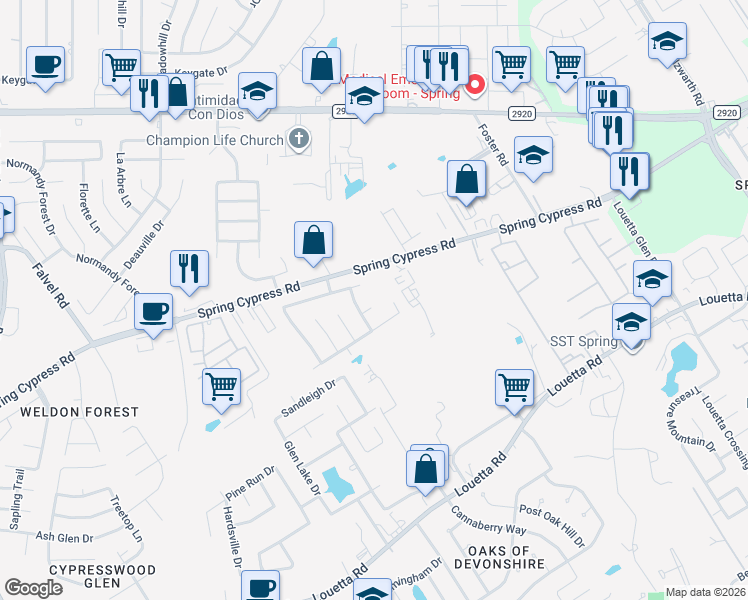 map of restaurants, bars, coffee shops, grocery stores, and more near 3026 Spring Ranch Lane in Spring