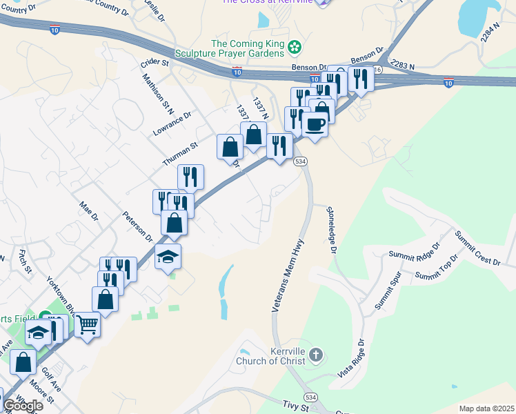 map of restaurants, bars, coffee shops, grocery stores, and more near 1901 Leslie Drive in Kerrville