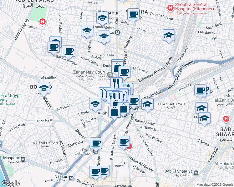 map of restaurants, bars, coffee shops, grocery stores, and more near Kobri Al Lymoon in Al Azbakeyah
