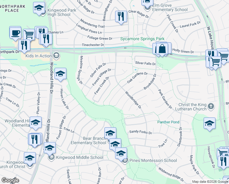 map of restaurants, bars, coffee shops, grocery stores, and more near 3907 Valley Haven Drive in Humble