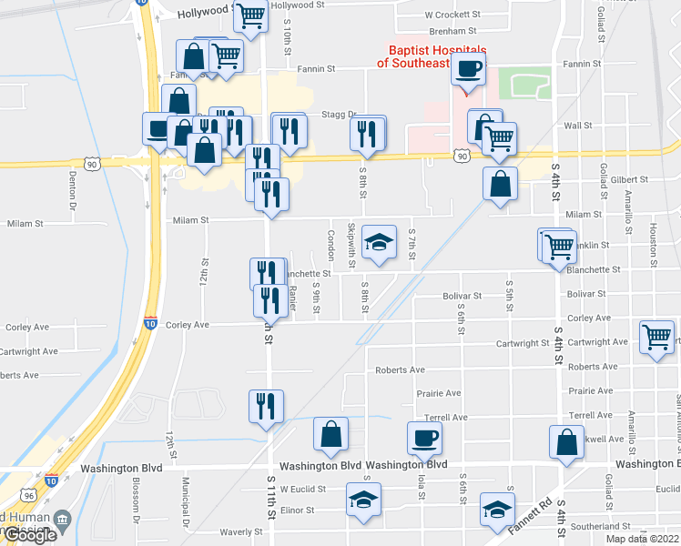 map of restaurants, bars, coffee shops, grocery stores, and more near 3448 Blanchette Street in Beaumont