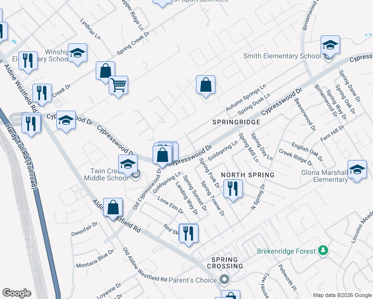 map of restaurants, bars, coffee shops, grocery stores, and more near 26830 Cypresswood Drive in Spring