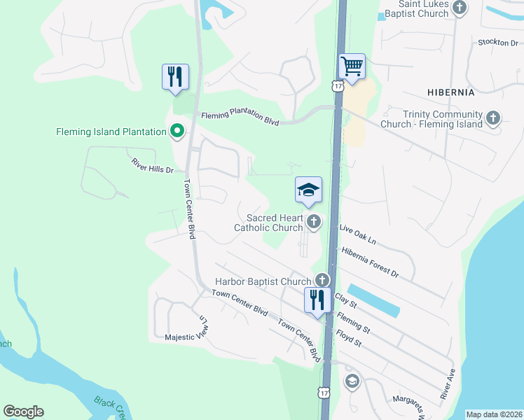 map of restaurants, bars, coffee shops, grocery stores, and more near 1631 Heather Fields Court in Orange Park