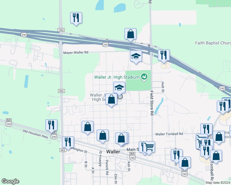 map of restaurants, bars, coffee shops, grocery stores, and more near 1918 Key Street in Waller