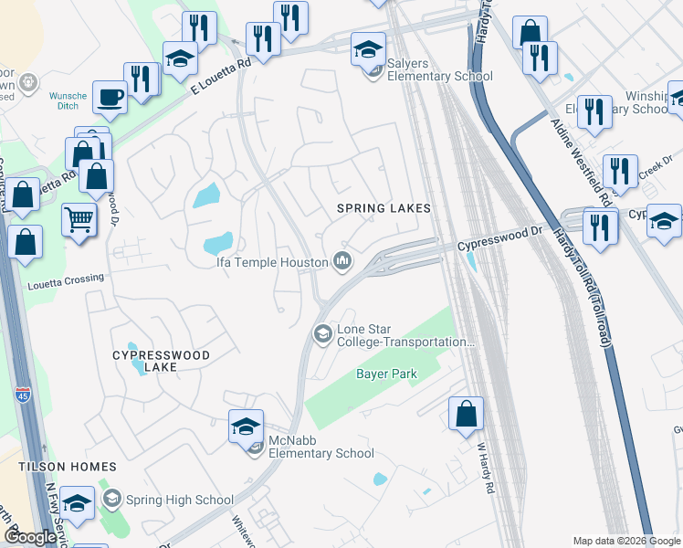 map of restaurants, bars, coffee shops, grocery stores, and more near 25519 Buffalo Springs Court in Spring
