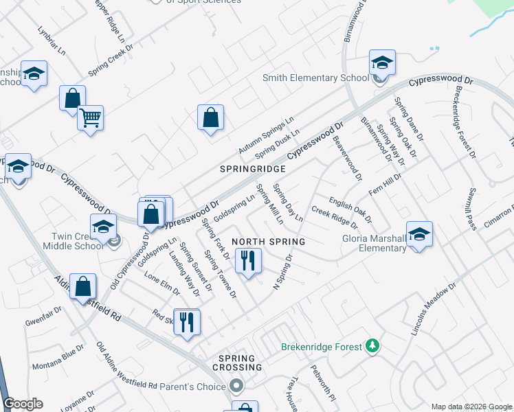 map of restaurants, bars, coffee shops, grocery stores, and more near 2423 Summer Spring Drive in Spring