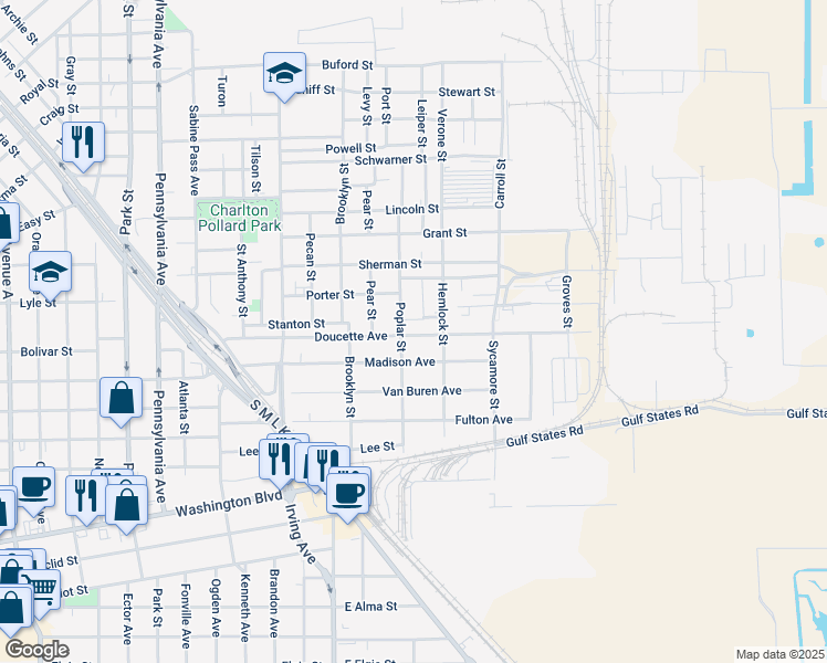 map of restaurants, bars, coffee shops, grocery stores, and more near 1125 Doucette Avenue in Beaumont