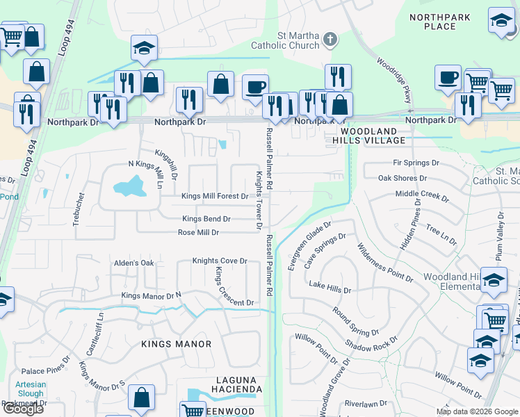 map of restaurants, bars, coffee shops, grocery stores, and more near 26108 Knights Tower Drive in Montgomery