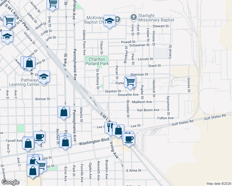 map of restaurants, bars, coffee shops, grocery stores, and more near 2353 Irving Avenue in Beaumont