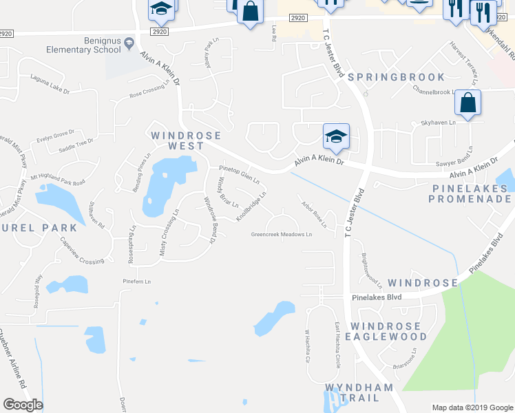 map of restaurants, bars, coffee shops, grocery stores, and more near 6627 Knollbridge Lane in Spring