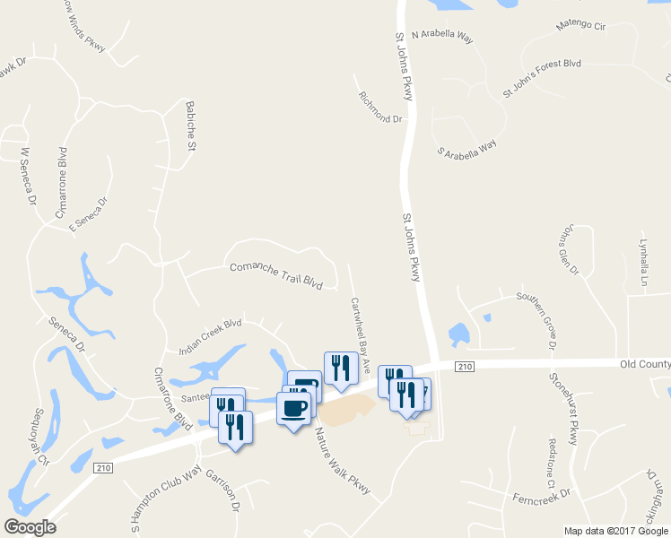 map of restaurants, bars, coffee shops, grocery stores, and more near 4465 Comanche Trail Boulevard in Saint Johns