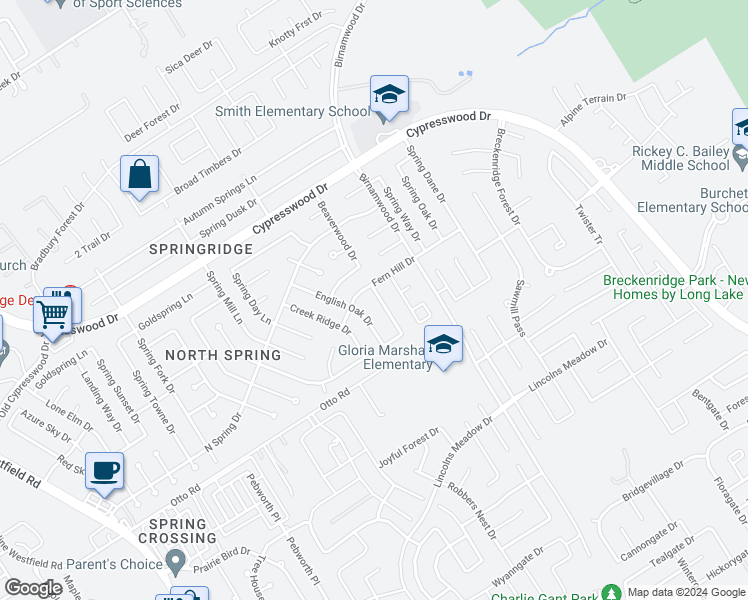 map of restaurants, bars, coffee shops, grocery stores, and more near 23839 Beaverwood Drive in Spring