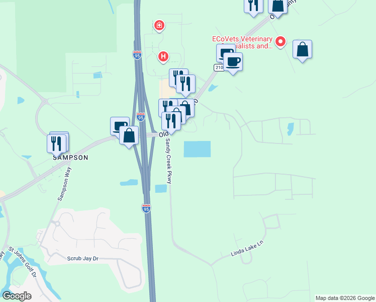 map of restaurants, bars, coffee shops, grocery stores, and more near 281 Sandy Creek Parkway in St. Augustine