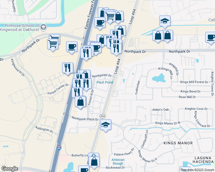 map of restaurants, bars, coffee shops, grocery stores, and more near 200 Northpines Drive in Houston