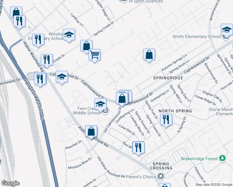 map of restaurants, bars, coffee shops, grocery stores, and more near 2111 Bradbury Path Court in Spring