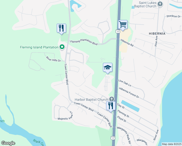 map of restaurants, bars, coffee shops, grocery stores, and more near 1611 Heather Fields Court in Fleming Island