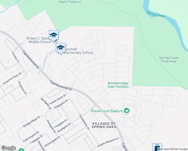 map of restaurants, bars, coffee shops, grocery stores, and more near 23372-23448 Cypresswood Drive in Spring