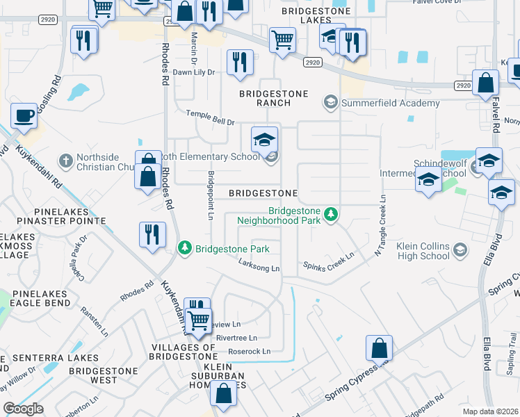map of restaurants, bars, coffee shops, grocery stores, and more near 4730 Owens Creek Lane in Spring