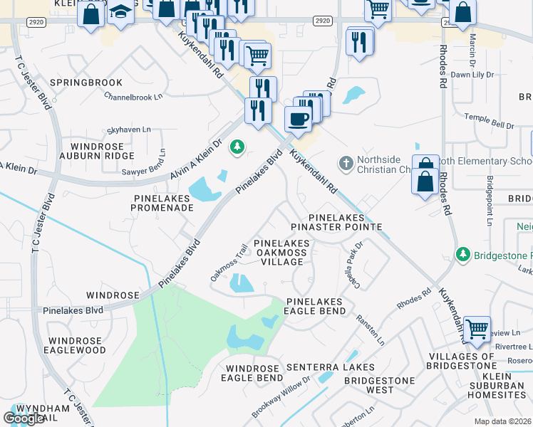 map of restaurants, bars, coffee shops, grocery stores, and more near 5722 Oakmoss Trail in Spring