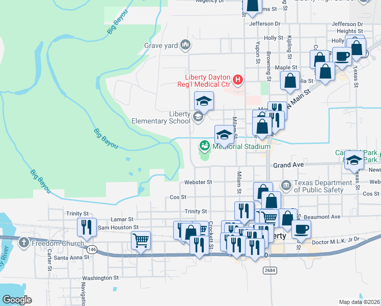 map of restaurants, bars, coffee shops, grocery stores, and more near 800-1024 Bowie Street in Liberty