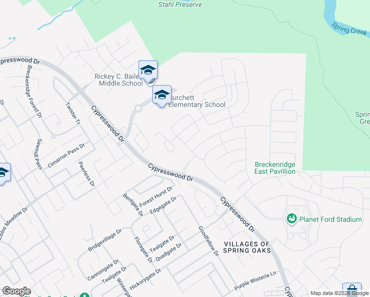 map of restaurants, bars, coffee shops, grocery stores, and more near 23450-23538 Cypresswood Drive in Spring