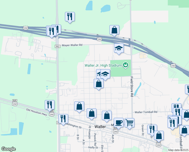 map of restaurants, bars, coffee shops, grocery stores, and more near 2017 Penick Road in Waller