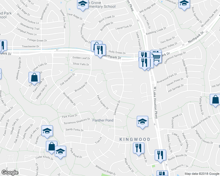 map of restaurants, bars, coffee shops, grocery stores, and more near 3110 Village Park Drive in Houston