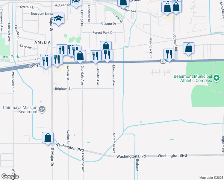 map of restaurants, bars, coffee shops, grocery stores, and more near 1305 Montrose Avenue in Beaumont