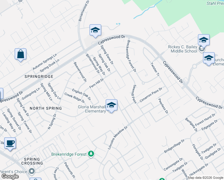 map of restaurants, bars, coffee shops, grocery stores, and more near 23722 Springwolf Drive in Spring