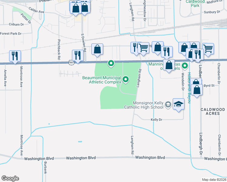 map of restaurants, bars, coffee shops, grocery stores, and more near 1150 Langham Road in Beaumont
