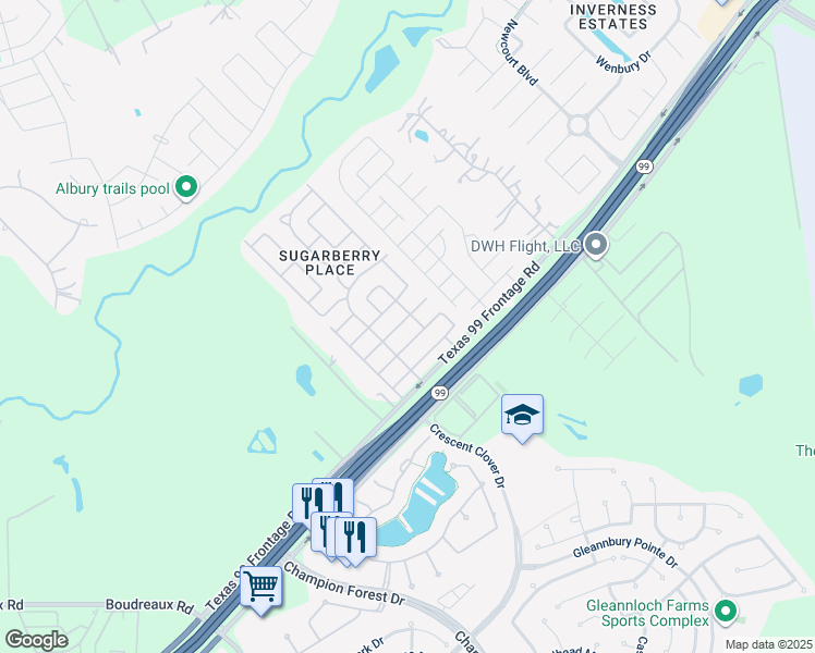 map of restaurants, bars, coffee shops, grocery stores, and more near 10111 Berrybriar Lane in Tomball