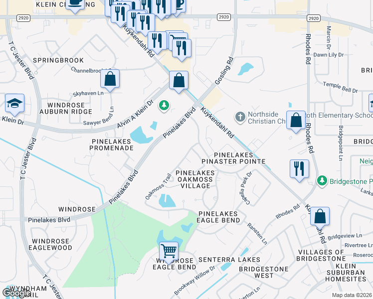 map of restaurants, bars, coffee shops, grocery stores, and more near 5722 Oakmoss Trail in Spring