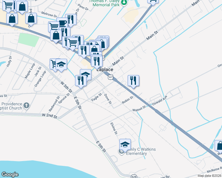 map of restaurants, bars, coffee shops, grocery stores, and more near 210 East Airline Highway in LaPlace