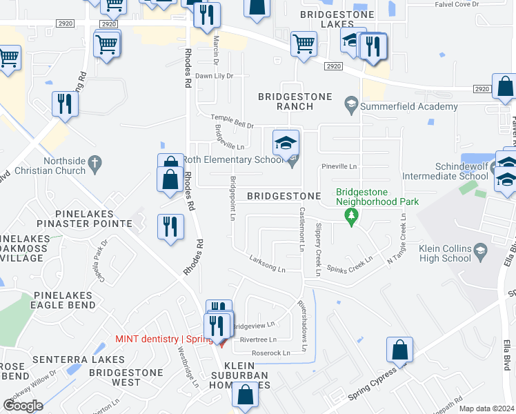 map of restaurants, bars, coffee shops, grocery stores, and more near 4815 Owens Creek Lane in Spring