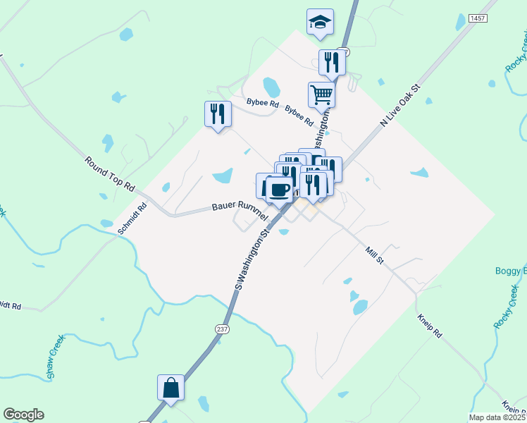 map of restaurants, bars, coffee shops, grocery stores, and more near South White Street in Round Top