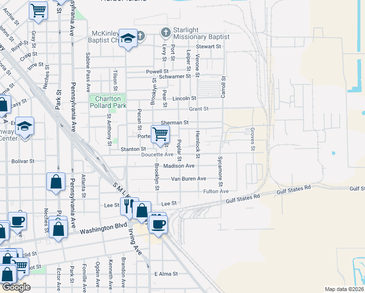map of restaurants, bars, coffee shops, grocery stores, and more near 2355 Poplar Street in Beaumont