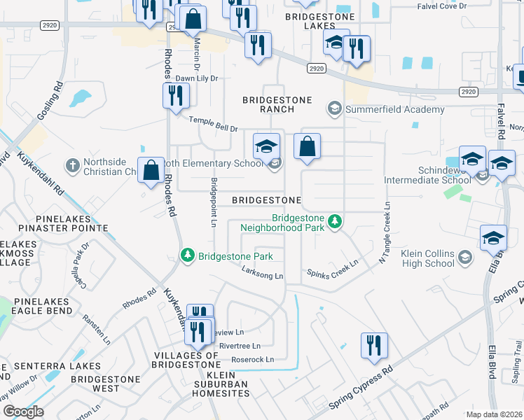 map of restaurants, bars, coffee shops, grocery stores, and more near 4730 Owens Creek Lane in Spring