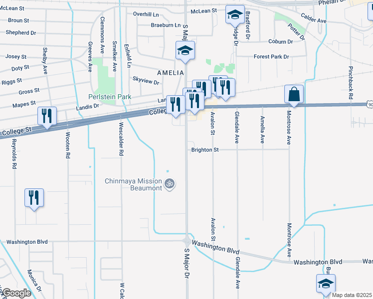 map of restaurants, bars, coffee shops, grocery stores, and more near 973-1151 South Major Drive in Beaumont