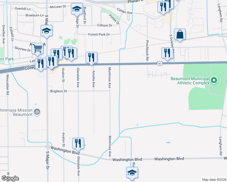 map of restaurants, bars, coffee shops, grocery stores, and more near 1305 Montrose Avenue in Beaumont