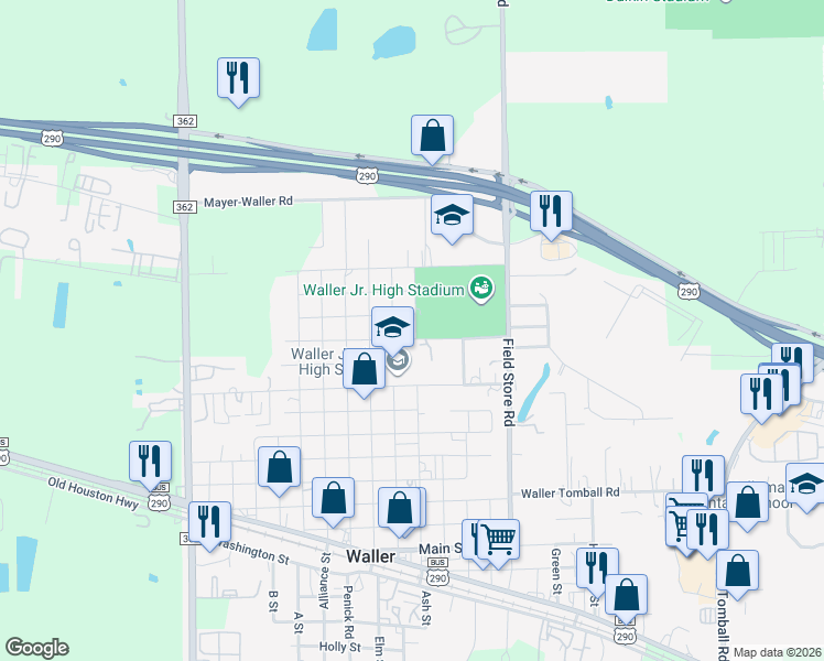 map of restaurants, bars, coffee shops, grocery stores, and more near 2011 Farr Street in Waller