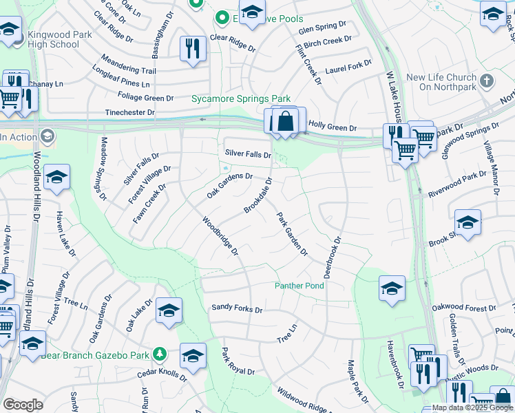 map of restaurants, bars, coffee shops, grocery stores, and more near 2902 Park Garden Drive in Houston