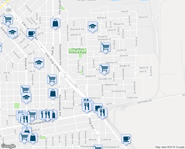 map of restaurants, bars, coffee shops, grocery stores, and more near 2380 Pecan Street in Beaumont
