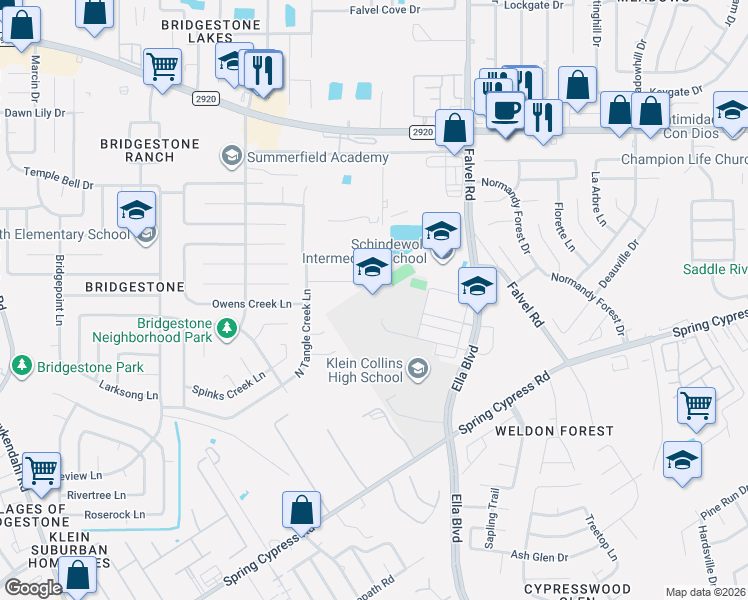map of restaurants, bars, coffee shops, grocery stores, and more near 20811 Ella Boulevard in Spring