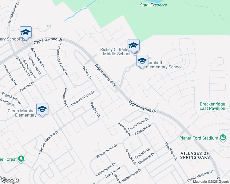 map of restaurants, bars, coffee shops, grocery stores, and more near 23419 Breckenridge Dale Lane in Spring