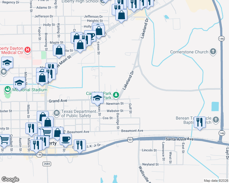 map of restaurants, bars, coffee shops, grocery stores, and more near 834 Sue Street in Liberty