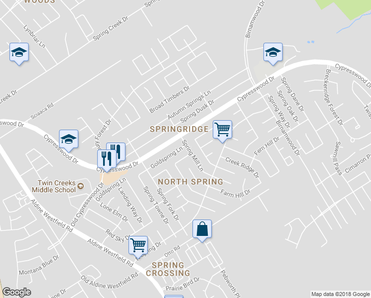 map of restaurants, bars, coffee shops, grocery stores, and more near 2438 Goldspring Lane in Spring