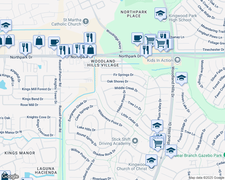 map of restaurants, bars, coffee shops, grocery stores, and more near 2022 Middle Creek Drive in Humble