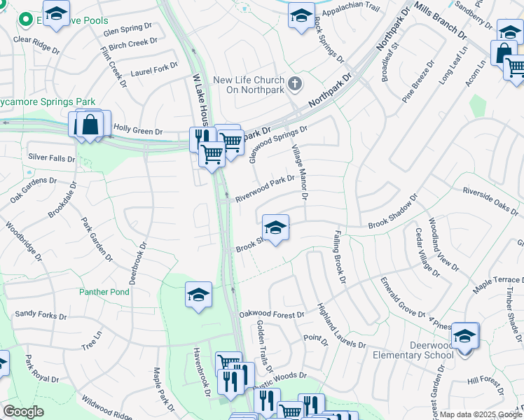map of restaurants, bars, coffee shops, grocery stores, and more near 3523 Haven Pines Drive in Houston